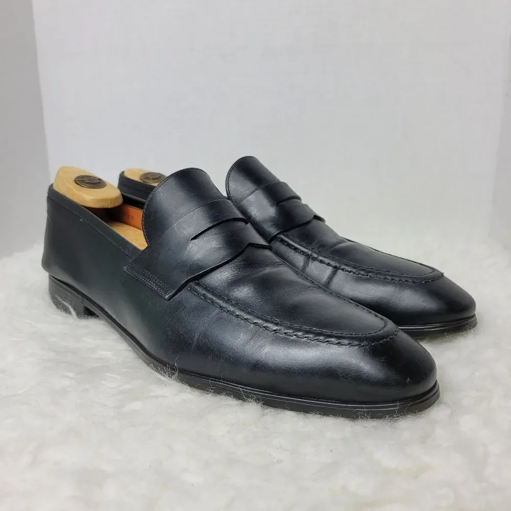 Santoni Gavin Shoes Mens Size 9 Black Penny Loafer Slip On Italy Made Upper
